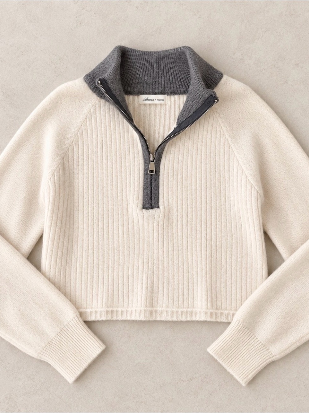 Lovers + Friends Cream & Gray Cropped Half-Zip Sweater
